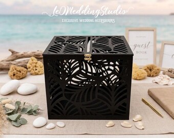 Tropical Wedding Card Box, Black Palm Leaf Money Holder, Beach Wedding Decor, Lockable Keepsake Box, Destination Wedding Gift