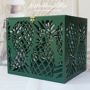 Caixa de dinheiro para cartão de casamento de abacaxi - porta-cartão de casamento verde escuro com slot - casamento na praia tropical - porta-dinheiro com chave - caixa do Havaí