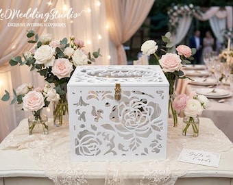 Caja con cerradura para tarjetas de boda con rosas blancas - Caja de recuerdos con cerradura y llave - Hucha personalizada para recepción - Porta tarjetas de boda - Caja de regalo de boda
