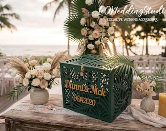 Personalized Wedding Card Box, Tropical Palm Leaves Money Box, Dark Green Wedding Card Holder, Beach Wedding Decor, Lockable Keepsake Box