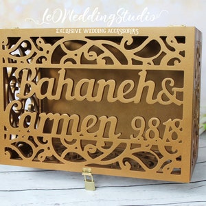 Abschließbare personalisierte Antique Gold Hochzeitskarte Box-Andenken-Box mit Schloss und Schlüssel-Hochzeitskarte Geldhalter-Hochzeitsgeschenk-Hochzeitsgeschenk