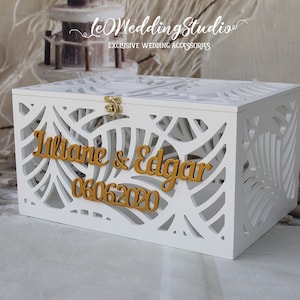 Caixa de cartão de casamento com folhas de palmeira personalizada - Caixa de dinheiro com folhas de palmeira - Casamento tropical no mar da praia - Porta-dinheiro para cartão de casamento com chave - Havaí - Presente
