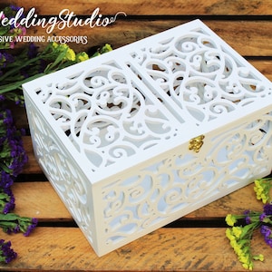 Caixa de cartão de casamento - Presente de casamento - Porta-monograma - Caixa de lembrança com chave - Caixa de dinheiro de casamento - Porta-dinheiro de cartão de casamento - Porta-cartão branco - Caixa suspensa