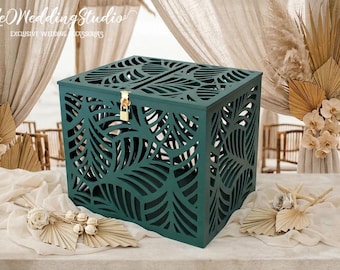 Dark Green Palm Wedding Card Box, Tropical Beach Money Holder, Lockable Keepsake Chest, Hawaii Wedding Decor, Personalized Gift for Couple