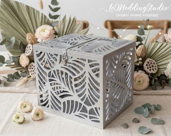 Silver Palm Leaves Wedding Card Box, Tropical Beach Money Holder with Lock, Tropical Wedding Decor, Hawaii Destination Wedding Gift