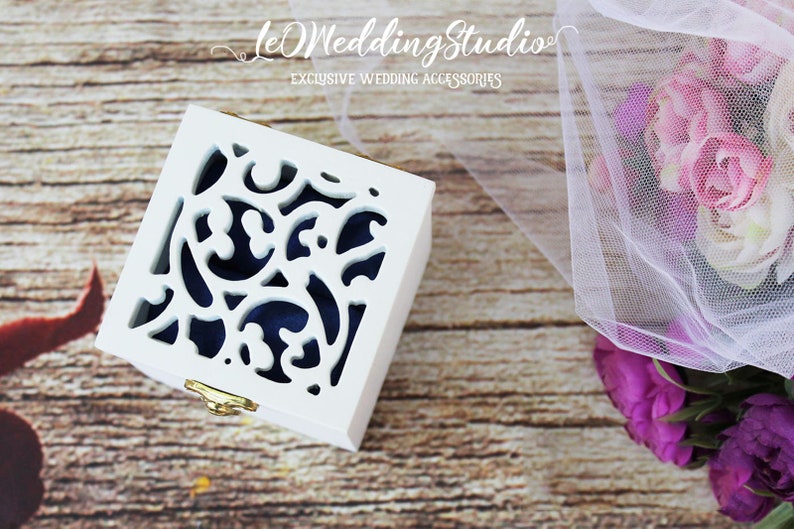 Wedding Ring Bearer Box/&Royal Blue satin-Wooden Ring Keepsake Box-White Ring Holder-Monograms Engagement ring box-Wedding Gift-Proposal box