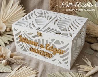 Personalized Wedding Card Box, Tropical Palm Leaves Money Box, Beach Wedding Decor, Lockable Card Holder, Keepsake Gift for Couple