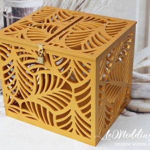 Hojas de palma de oro Caja de tarjeta de boda-Frondas de palma Caja de dinero de boda-Boda de mar de playa tropical-Tarjeta con cerradura titular de dinero-Boda de Hawái-Regalo