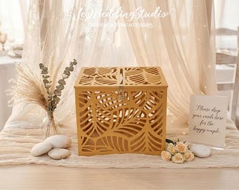 Tropical Wedding Card Box, Gold Palm Fronds Money Holder, Beach Theme Reception Decor, Personalized Lockable Keepsake Box, Hawaii Gift