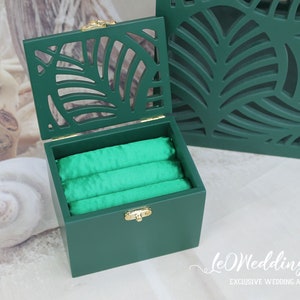 Caja para anillos de boda con hojas de palma - Caja para guardar anillos de color verde oscuro con hojas de palma - Caja para guardar anillos con diseño de playa tropical y mar - Caja para anillos de compromiso de Hawái
