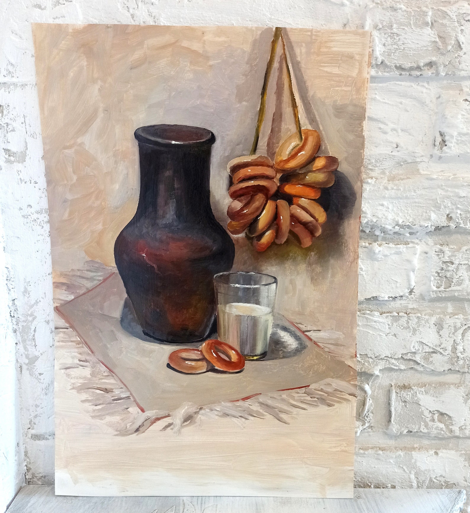 Classic kitchen still life oil painting of food. Vintage jug Etsy