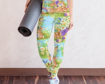 Easter Bunny Leggings Mid Waisted Gray Pants Rabbits and Eggs for Easter Holiday