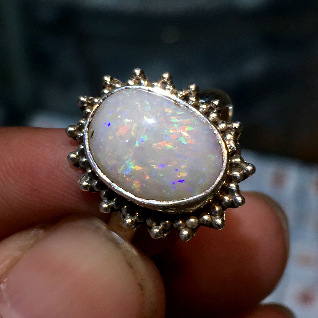 Natural Australian Opal Multi Fire Stone Ring 925 Solid Sterling Silver