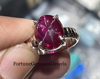 Handmade Red Star Ruby Ring: Solid 925 Sterling Silver, Oval Cabochon (12x10mm)
