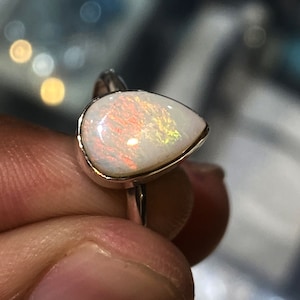 Australian Opal Ring: Pear-Shaped Red Fire Stone, 925 Sterling Silver