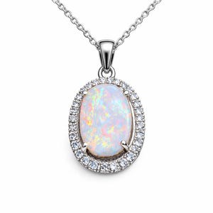 Oval Australischer Opal Anhänger Halskette | 925er Sterlingsilber, im Halo-Design (15 x 11 mm)