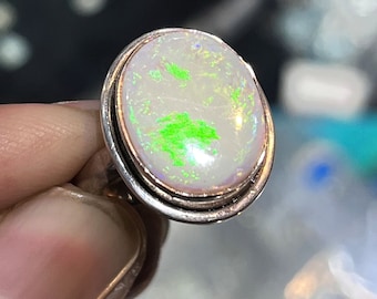 Australian Opal Ring: Green Fire Sterling Silver Handmade Jewelry