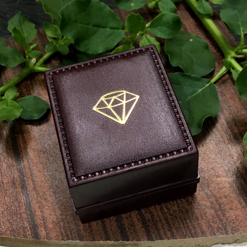 May include: A closed, rectangular jewelry box in a dark burgundy color. The box has a gold diamond-shaped emblem on the top. The box is sitting on a wooden surface with green leaves in the background.