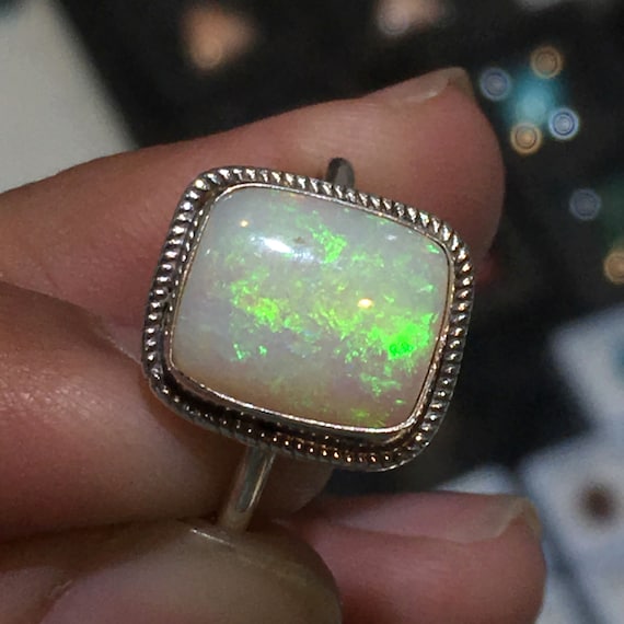 Natural Australian Opal Green Fire Stone Ring 925 Solid Sterling