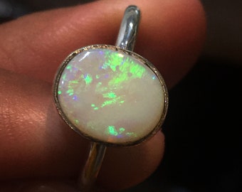 Australian Opal Ring, 925 Sterling Silver, Handmade Fire Opal, Size 12x9 mm
