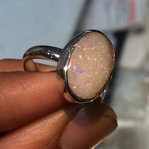 Australian Opal Sterling Silver Ring: Multi Fire Gemstone (16x11 mm)