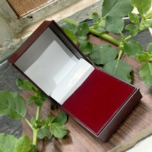May include: An open, rectangular jewelry box with a burgundy exterior and a white interior. The box is positioned at an angle, revealing the inside. The box is on a brown surface with green leaves.