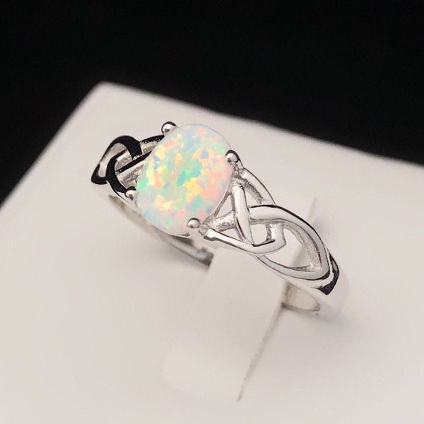 White Fire Opal Sterling Silver Ring: Celtic Design, Handmade (8x6 mm)