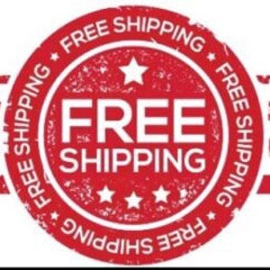 May include: A red and white graphic with the words "FREE SHIPPING" in a circular design, flanked by stylized wings. The text is in a bold, sans-serif font, with a star and three smaller stars.