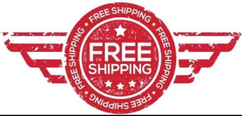 May include: A red and white graphic with the words "FREE SHIPPING" in a circular design, flanked by stylized wings. The text is in a bold, sans-serif font, with a star and three smaller stars.