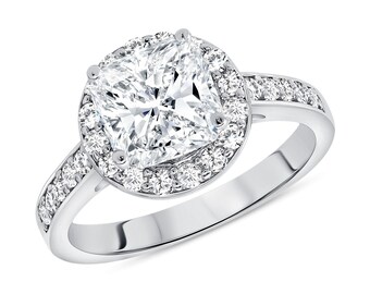 Halo Design Cushion Cut Engagement Ring 1.20 ctw. / 0.50 Center Diamond / Color H Clarity SI1 / 14k Gold / 18k Gold / Platinum
