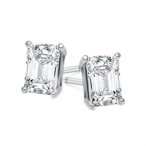 14k White Gold Pair of Emerald Cut Natural Diamond Stud Earrings 1/4 ct. - 2 ct. Screw Back Or Push-in