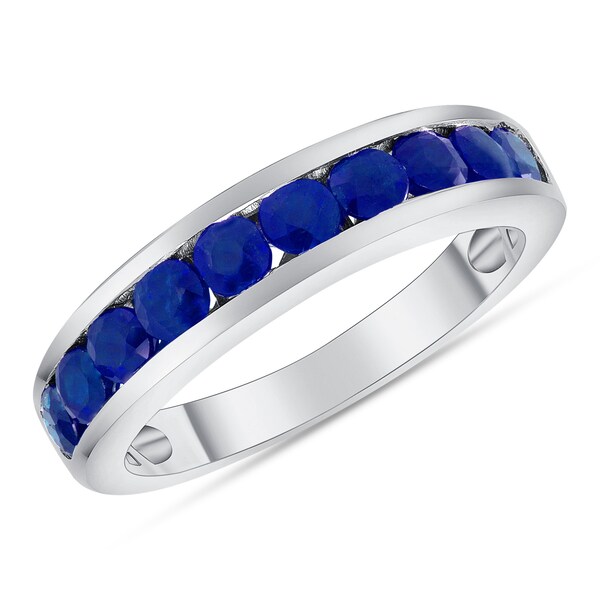 1.00 Ct. Natural Round Cut Blue Sapphire Ring / Gemstone Multi Stone/Half Way Band/ Available In Silver and 14K Gold, 18K Gold/ Channel Set