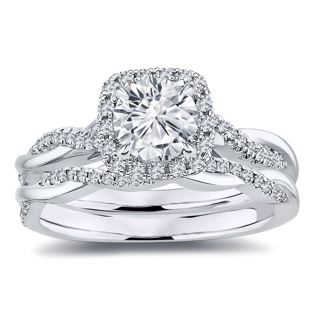 1.25 Ctw. Halo Infinity Twist Diamond Engagement Wedding Ring Set / 0. ...