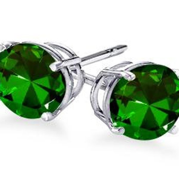 14k White Gold Pair of Natural Green Emerald AAA Round Cut Stud Earrings 1/4 ct. - 2 ct. Screw Back Or Push-in