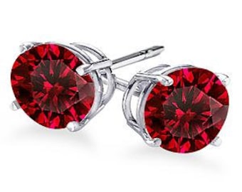 14k White Gold Pair of Natural Ruby AAA Round Cut Stud Earrings 1/4 ct. - 2 ct. Screw Back Or Push-in