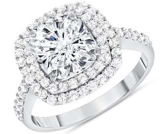 Double Halo Design Cushion Cut Diamond Engagement Ring 1.20 ctw. / 0.50 ct. Center Diamond / Color H Clarity SI1 / 14k & 18k Gold / Platinum