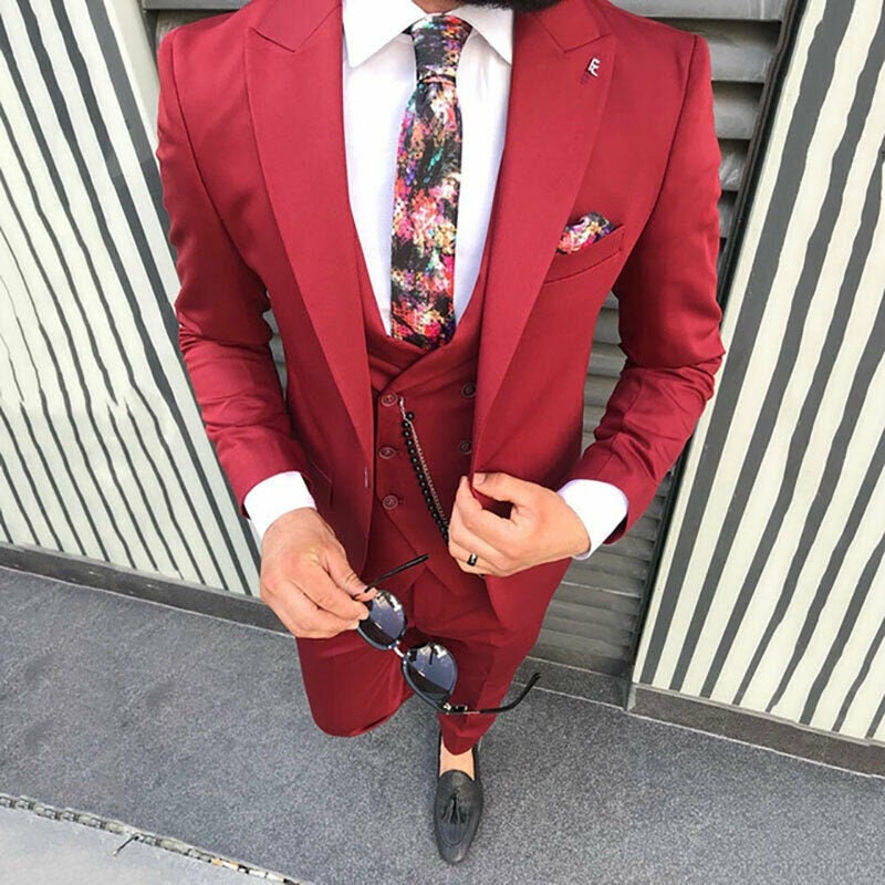 Men Suits Groom Red 3 Piece Suit 