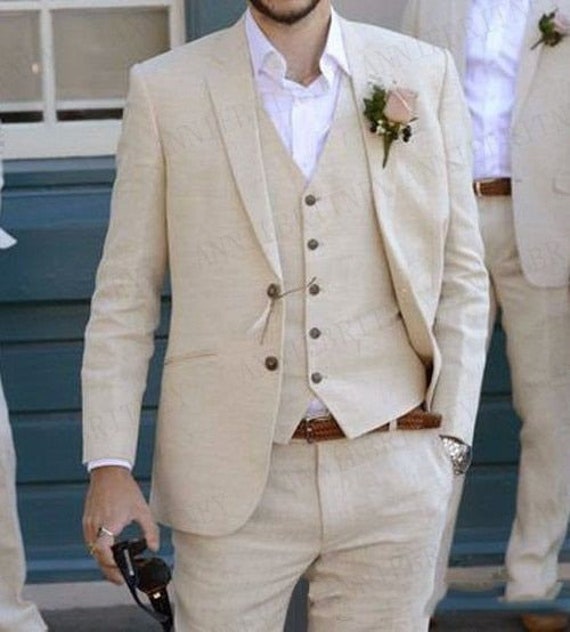 Ivory Beige Beach Linen Suits Men Wedding Suit Summer Marriage Groom Tuxedo 