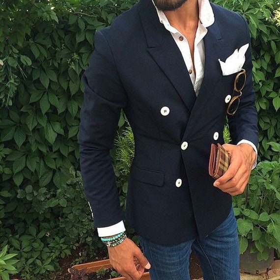 Men Jackets Blazers Navy Blue Double Breasted Coat Slim Fit | Etsy
