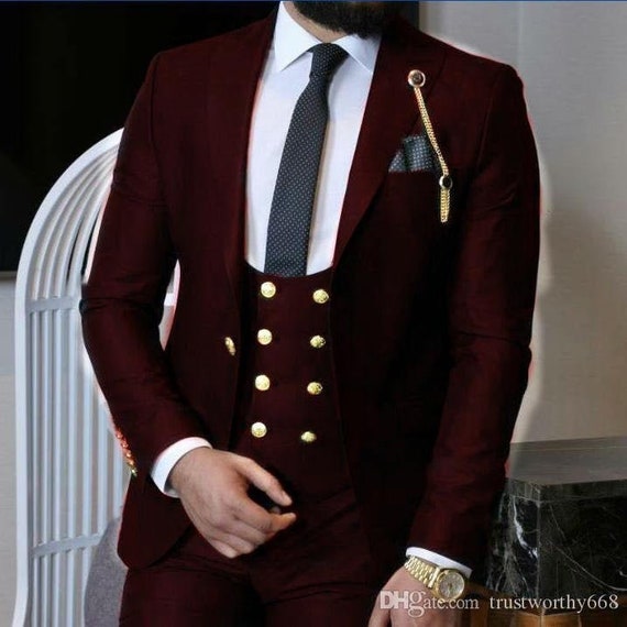 Burgundy 3 Pieces Groom Tuxedo Best Men Formal Business Wedding Prom Suit Custom 