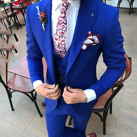 Royal Blue 3 PCS Men Suit Slim Fit Groom Tuxedos Formal Bridegroom Wedding Suits