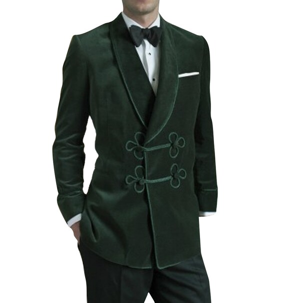 Mens Smoking Jackets Black & Green Velvet Quilted Smoking Jackets