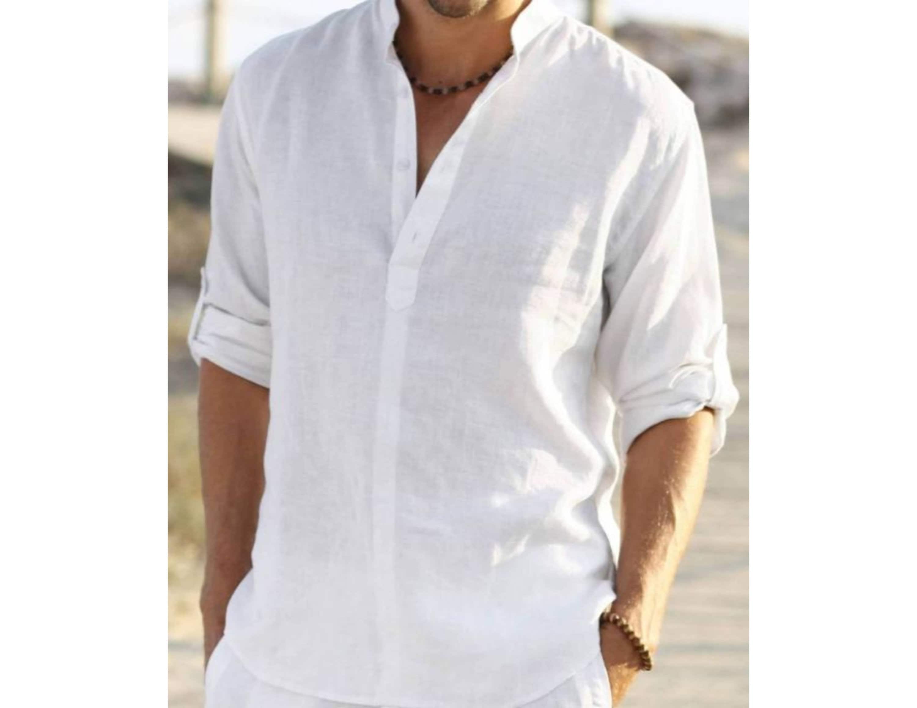 Canserin Mens Casual Cotton Linen Shirts Summer Beach Button Up T Shirts Tops 