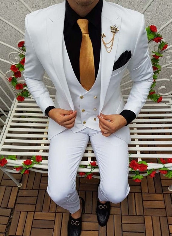 SoCool Slim-fit White Premium Flower Tuxedo Prom Wedding Groom 3-Piece Suit