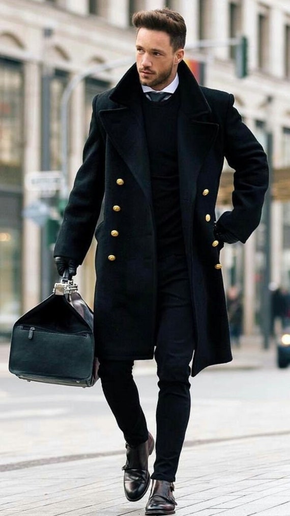 Trench Coat Men Double Ted, Long Black Trench Coat Wool Mens