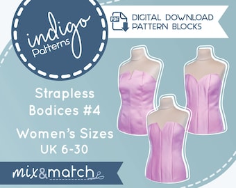 Strapless Bodice Pattern Blocks, Mix and Match Modular Sloper Patterns (Digital Download PDF)
