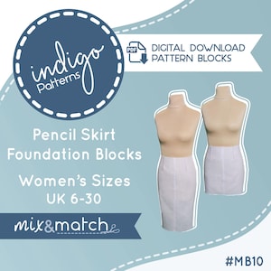 May include: Digital download pattern blocks for a pencil skirt. The image features two dress forms wearing white pencil skirts. Text includes "Indigo Patterns," "Women's Sizes UK 6-30," and "Digital Download Pattern Blocks."
