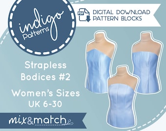 Strapless Bodice Pattern Blocks, Mix and Match Modular Sloper Patterns (Digital Download PDF)