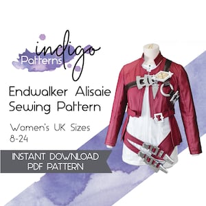 May include: A digital sewing pattern for a red jacket with a white shirt and a belt. The pattern is for sizes 8-24 and is an instant download PDF pattern. The pattern is called "Endwalker Alisaie Sewing Pattern" and is from "indigo Patterns".