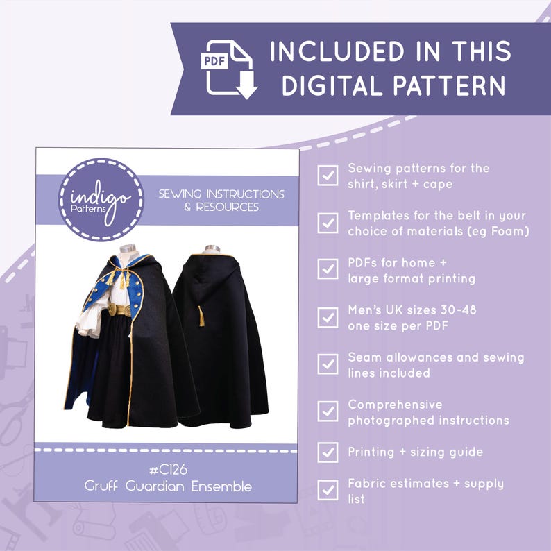 May include: A digital sewing pattern for a Gruff Guardian Ensemble, #C126. The image displays a dark cape with gold trim, a white shirt, and a belt. Text includes INCLUDED IN THIS DIGITAL PATTERN, sewing instructions, resources, and a list of features.